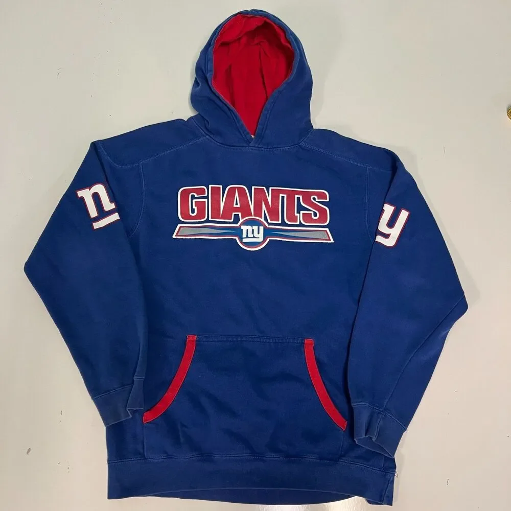Vintage NY Giants Hoodie NFL Team Apparel Blue Red Spellout Pullover Sweatshirt